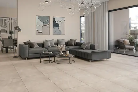 Soggiorno con divano grigio e tavolini rotondi, pavimento in grandi piastrelle effetto pietra beige